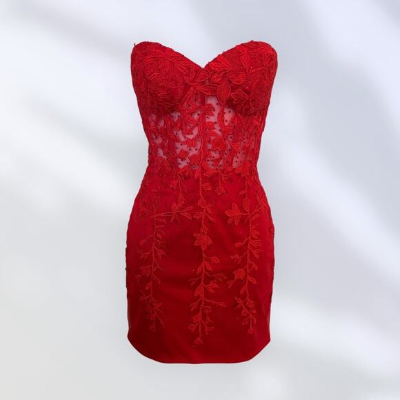 Red Strapless Lace Appliqué Sheer Corset Mini Dress with Back Lace-Up 2 - Picture 1 of 9